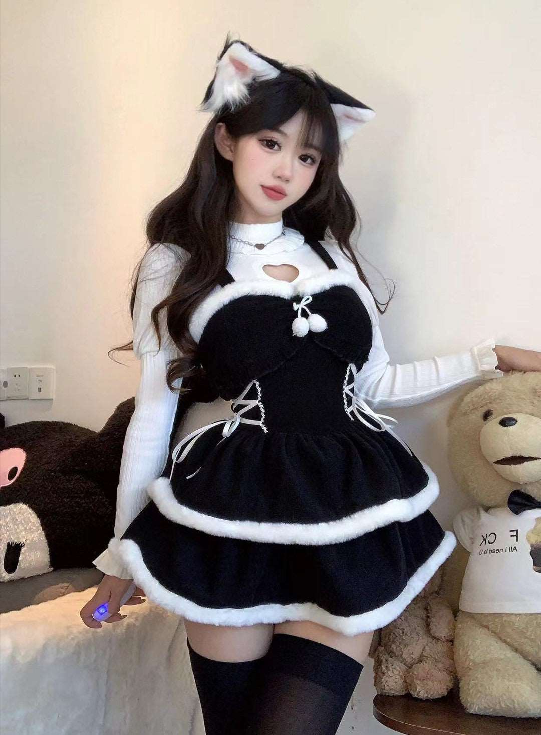 Christmas Love Lolita Winter Plush Strap Ruffled Black Dress & Skirt & Shirt Three Piece Set