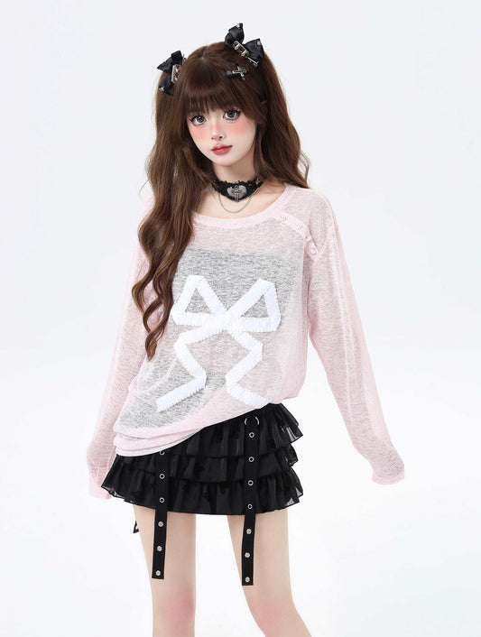 Crazy Girl Bow Black Pink Sheer Sweater