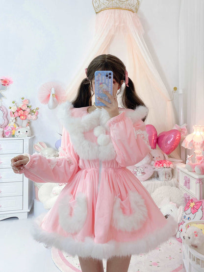 Candy Fairy Pink & White Pastel Princess Fur Plush Velvet Thick Jacket Coat Dress