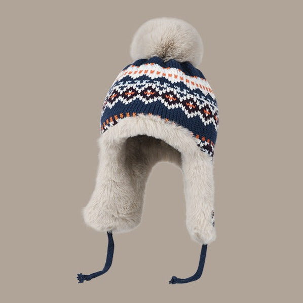 Cute Patterns Sweet Woolen Knit Plush Velvet Thick Warm Winter Trapper Hat