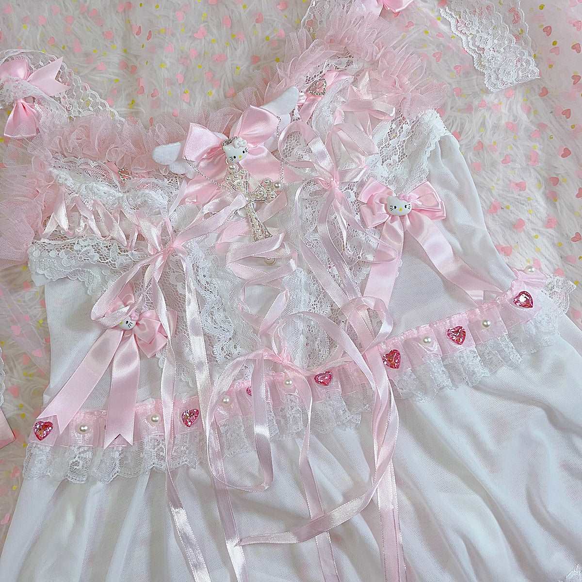 Coquette Sexy Bow Kitty Lace White x Pink Dress Lingerie