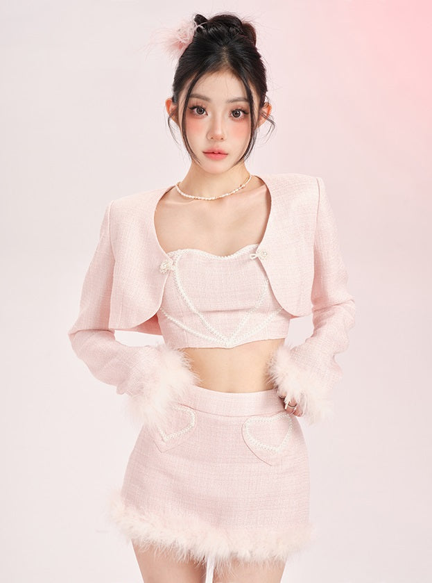 Lucia Lady Pearl Soft Pastel Pink Tube Top & Mini Skirt & Jacket Three Piece Set