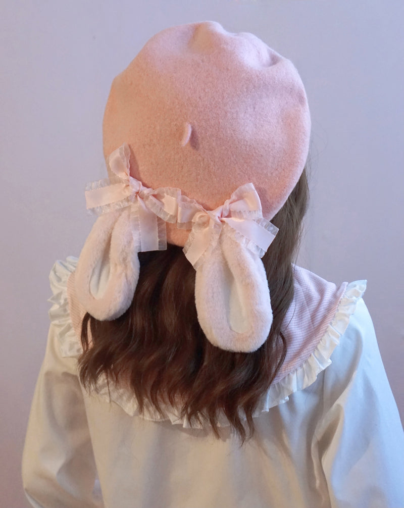 Cute Autumn Fall Handmade Lolita Brown Black Pink Lop Eared Rabbit Polka Dot Bow Wool Beret Hats