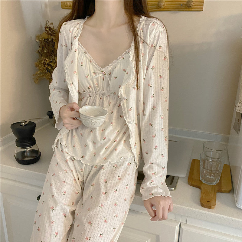 Pink Blue Floral Cotton Pajamas Sleepwear Three Piece Set