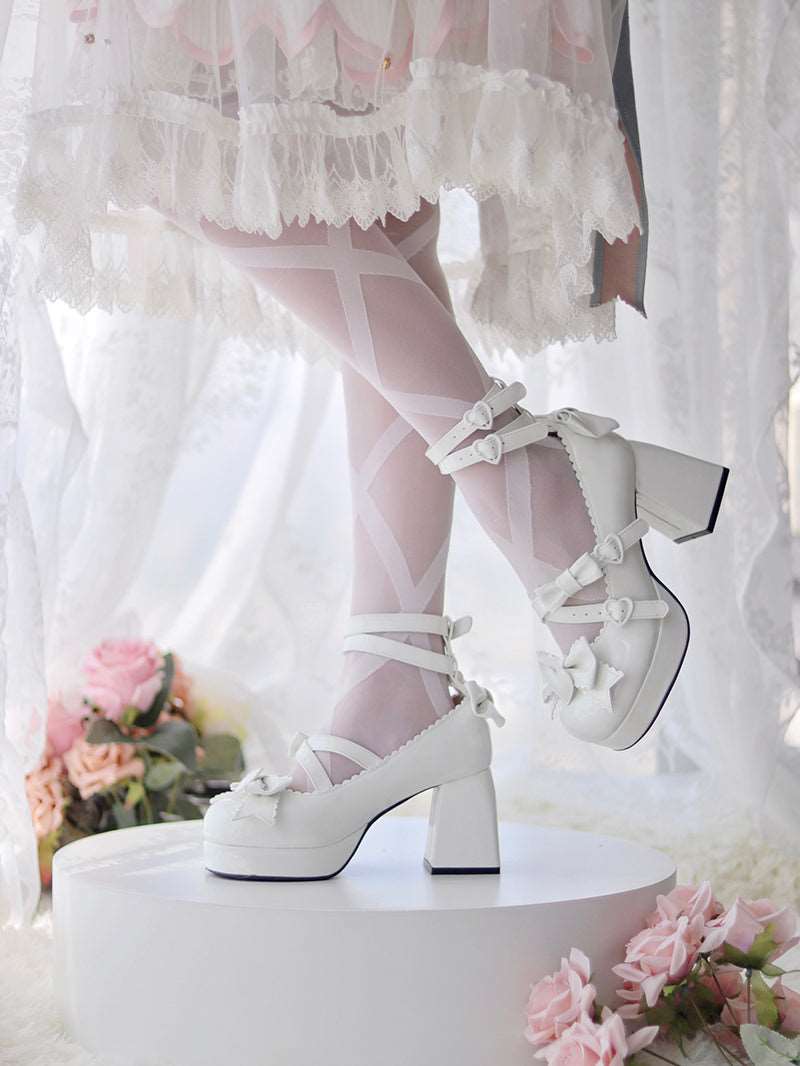 Beauty Bunny Midsummer Heart Knot Princess Blue Pink White Black Red Lolita High Heels Shoes