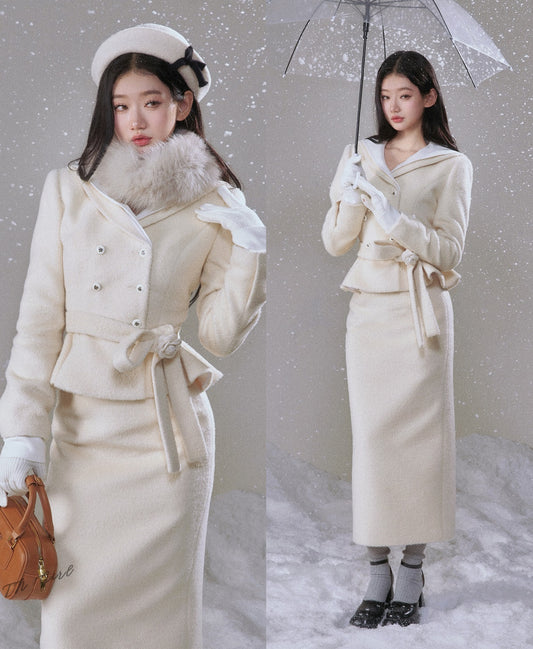 Monet Winter Snow White Beige Rose Jacket Fur Collar & Long Skirt Two Piece Set