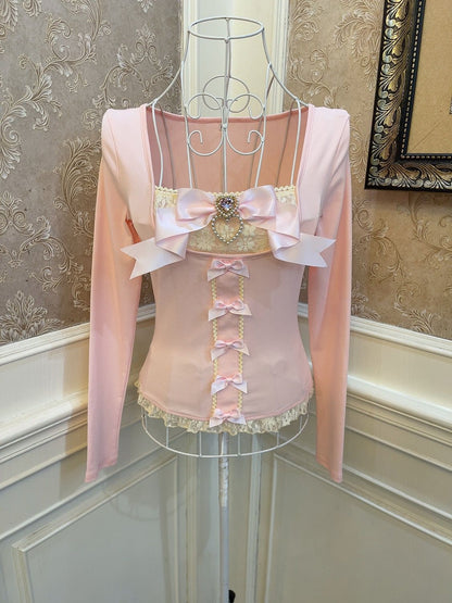 Sweetheart Princess Balletcore Pink Bow Lace Shirt Top & Skirt Two Piece Set