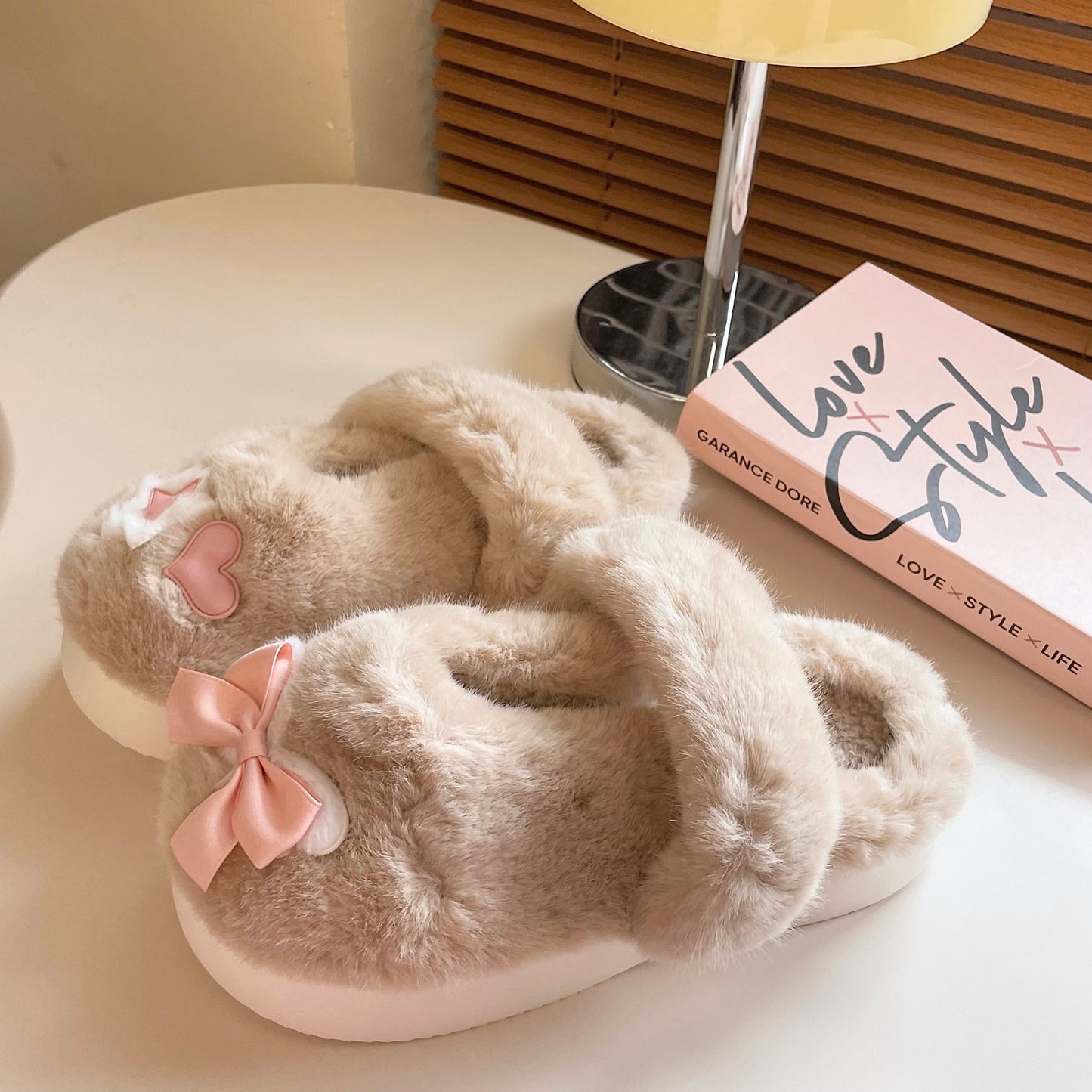 Pink Bow Star Heart Love Plush Fluff Slippers Shoes