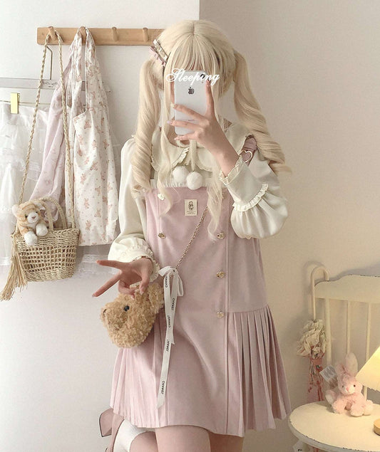 Bear Souffle Sweet Pompom Balls Shirt Blouse & Purple Beige Strap Dress & Skirt Three Piece Set