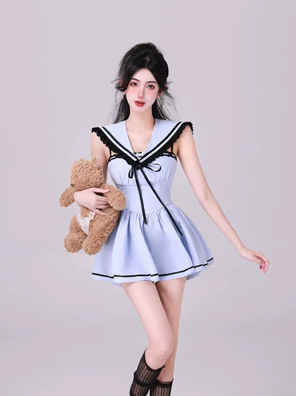 Kiki Sweet and Cool Sailor Collar Blue White Strap Dress