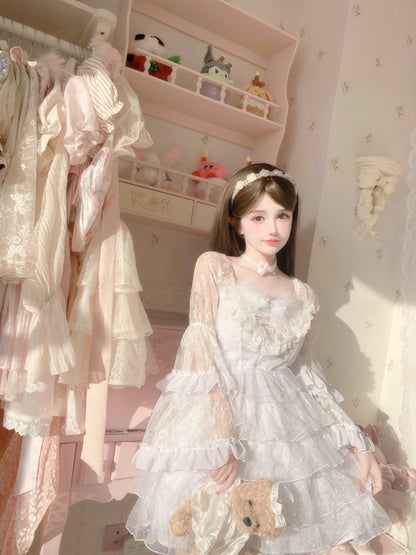 Candy Fairy Feather Fluttering White Angel Princess Ruffled Trumpet Sleeve Dress