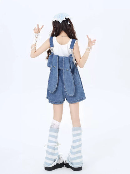 Crazy Girl Island Girl Denim Rabbit Ears Suspender Skirt