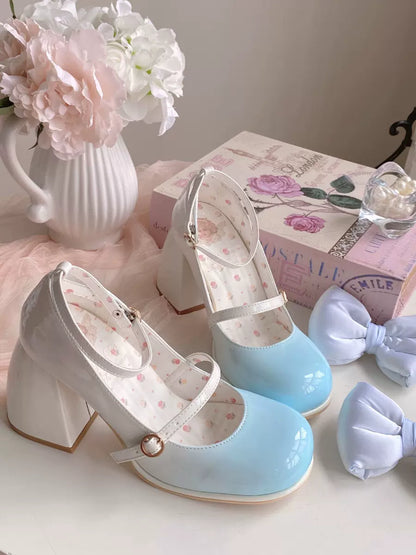 Dreamy White Tea Gradient Blush Lolita Black White Pink Blue High Heels Shoes