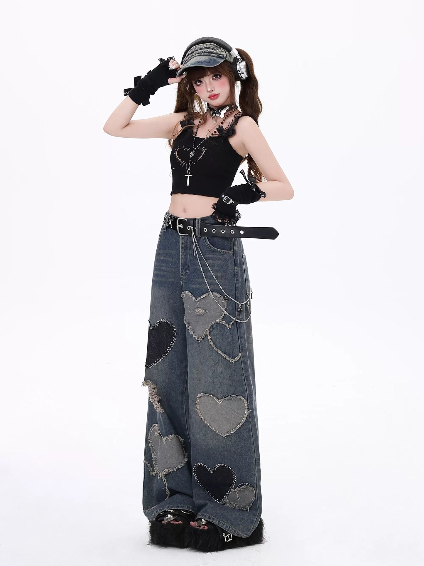 Crazy Girl Heart Patchwork Wide Leg Denim Jeans