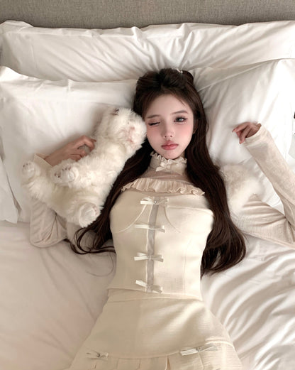 Lazy Girl Sweet Coquette Bow Pink White Fur Strap Top & Pleated Skirt & Shirt Three Piece Set