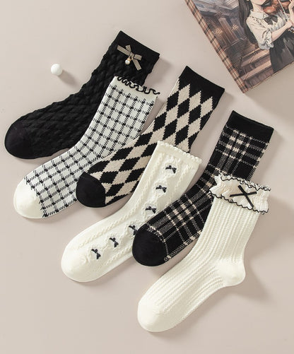 Gothic Black & White Bow Argyle Pattern Cotton Socks 6 Patterns Pairs Sets