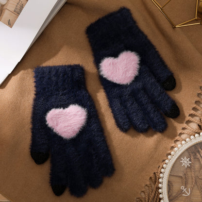 Cute Plush Heart Shaped Pastel Pink White Gray Navy Blue Winter Touchscreen Gloves