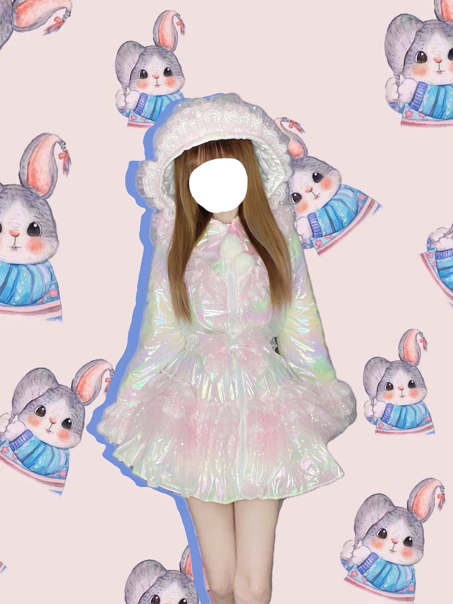 Candy Fairy Winter Sparkling Princess Rainbow Pink Ruffled Hooded Jacket Dress