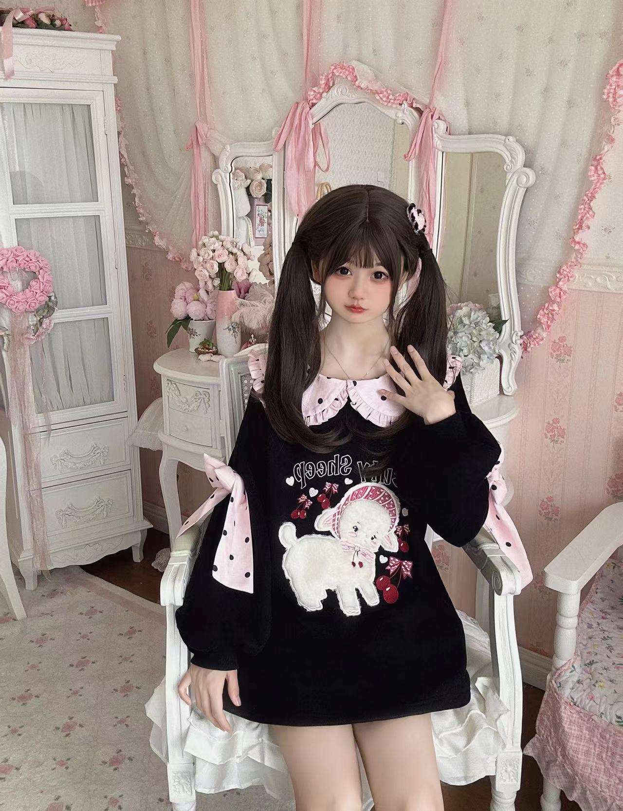 Cherry Sheep Embroidery Black Polka Dot Pink Bow Sweatshirt