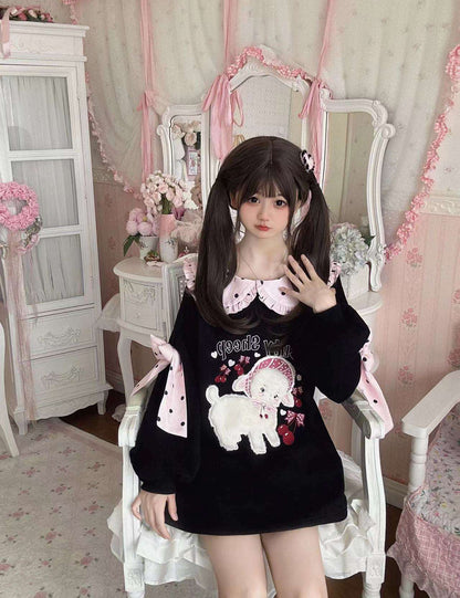 Cherry Sheep Embroidery Black Polka Dot Pink Bow Sweatshirt