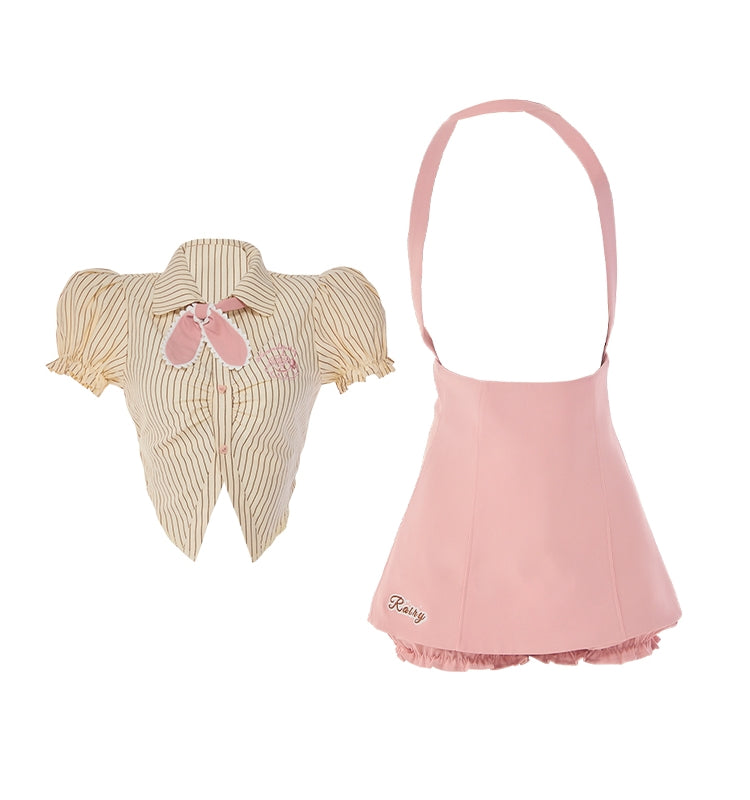 Serendipity Sweet Bow Beige Striped Puff Sleeve Shirt & Pink Suspender Skirt Two Piece Set