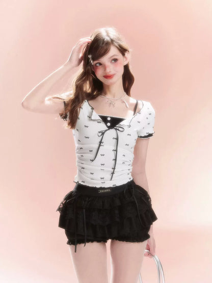 Young Eyes Sweet Bow White Pink Gray Shirt Camisole Two Piece Set