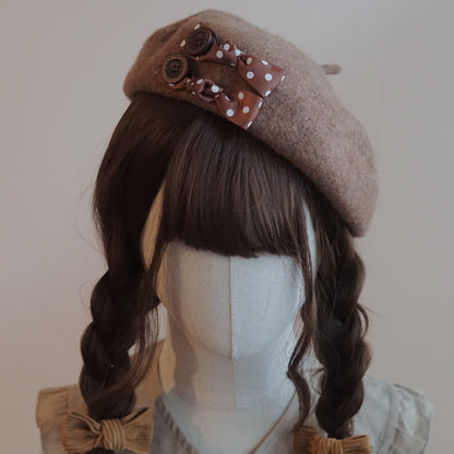 Cute Autumn Fall Handmade Original Knit Bow Brown Houndstooth Beret Hats