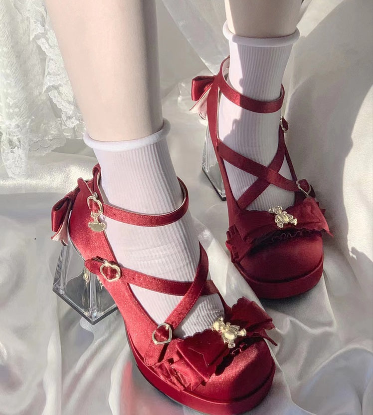 Moeka Chan Lolita Red Dream Bear Transparent Glass High Heels Shoes