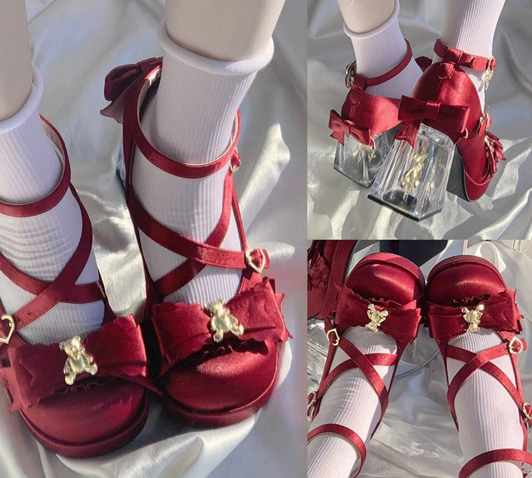 Moeka Chan Lolita Red Dream Bear Transparent Glass High Heels Shoes