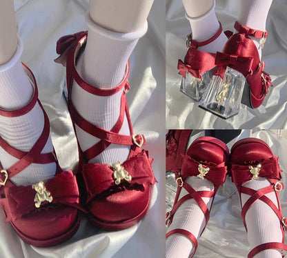 Moeka Chan Lolita Red Dream Bear Transparent Glass High Heels Shoes