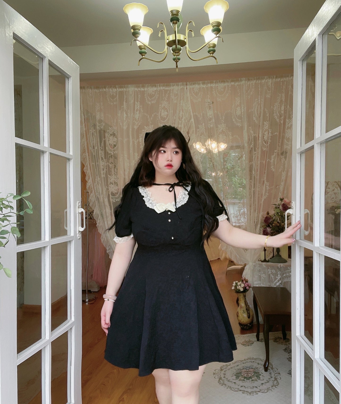 Plus Size Cute Sweet Lace Square Neck Little Black Dress