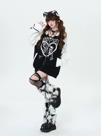 Crazy Girl Dark Lace Black White Raglan Jacket Hoodie