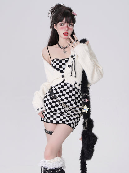 Young Eyes Hot Pink Black White Fall Checkerboard Bodycon Strap Dress & Plush Cardigan Jacket Two Piece Set