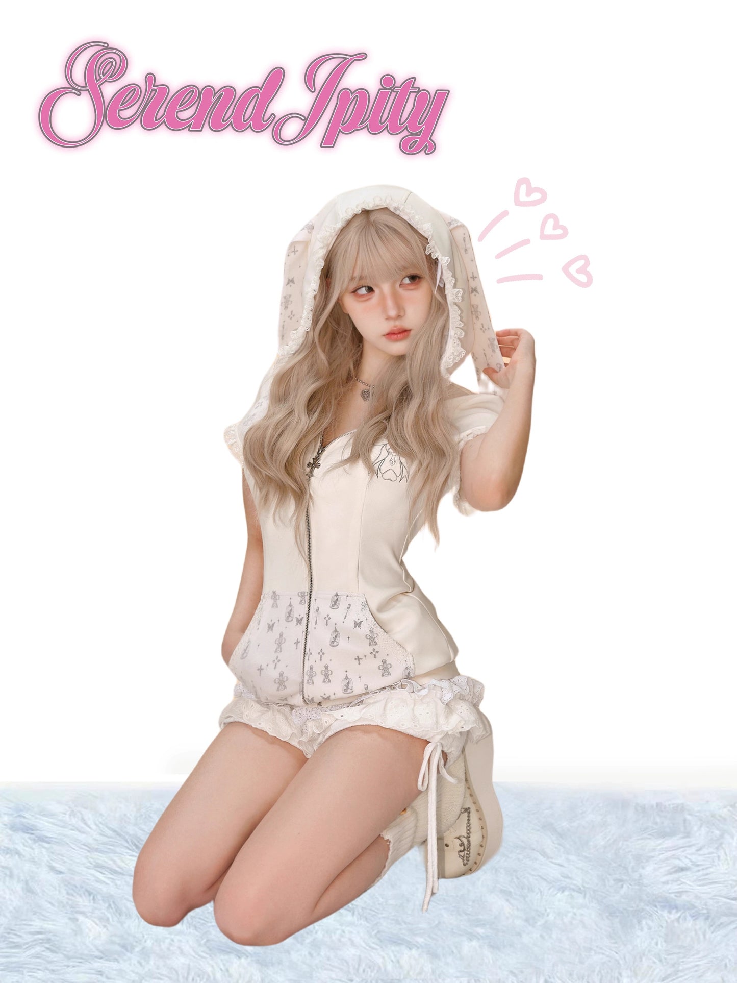 Serendipity Cross Rabbit White Hoodie & Skirt Two Piece Set