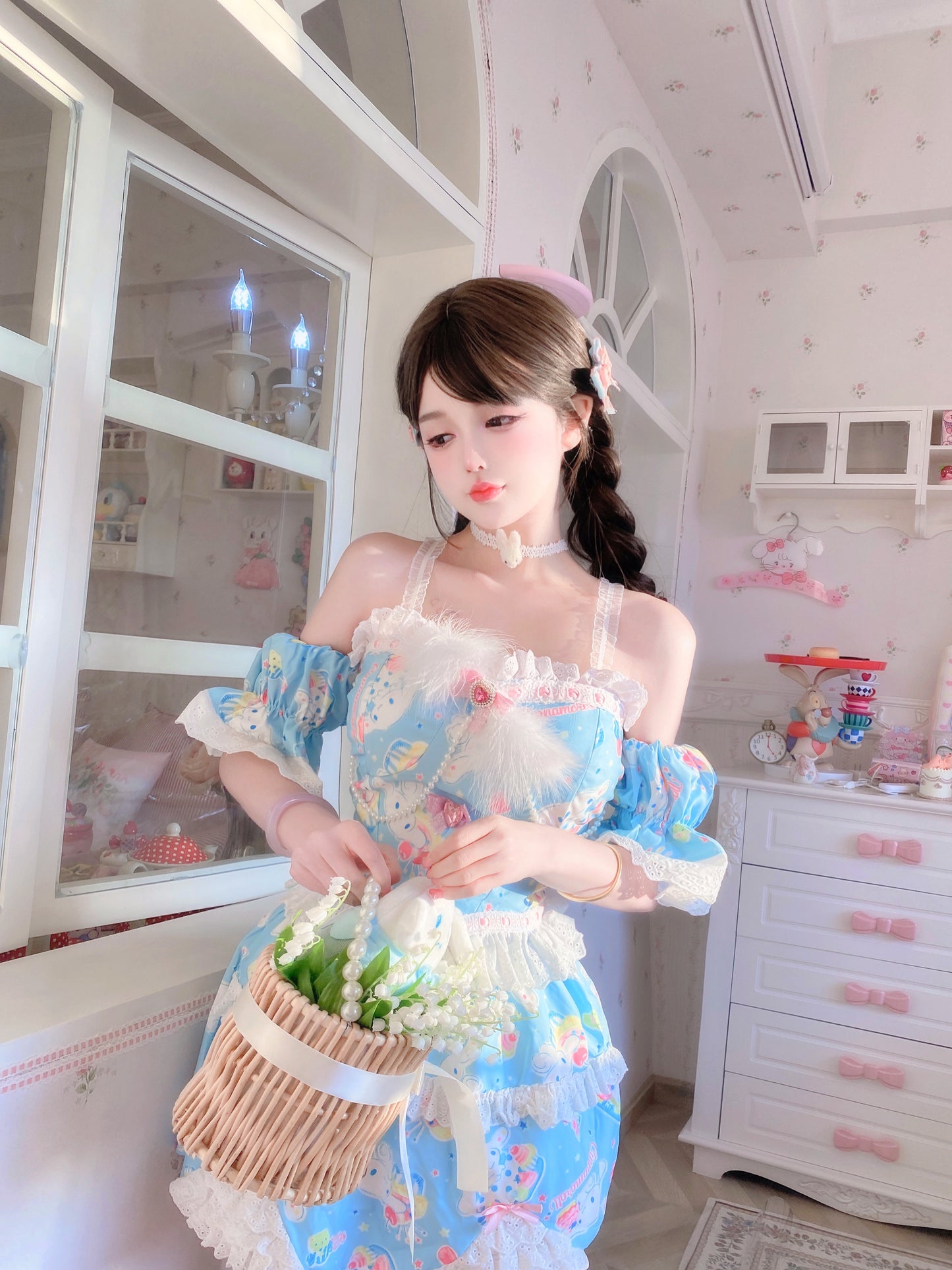 Candy Fairy Cute Blue Cinnamon Dog Lace Camisole Puff Sleeve Top & Skirt Pajamas Two Piece Set