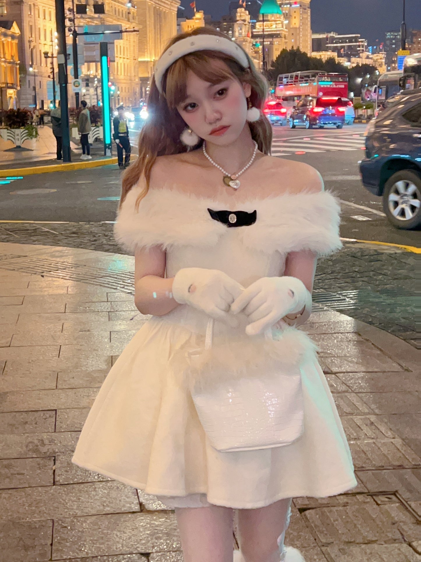 Picnic Girl Winter Elegant Lady Marshmallow White Fur Off Shoulder Dress