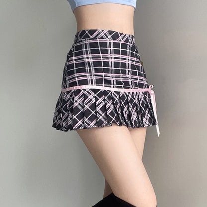 Soft Girl Coquette Black Pink Plaid Bow Short Skirt