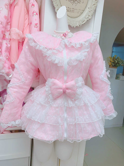 Candy Fairy Pink Blue Purple Lace Sailor Collar Ruffle Winter Padded Puffer Jacket Coat Dress