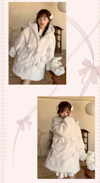 Velvet Winter Cute Plush Hooded Woolen White Coat