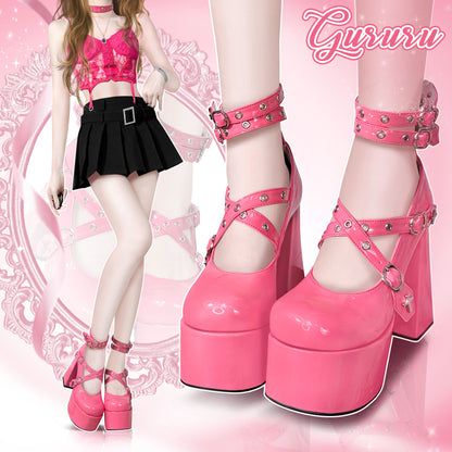 Hot Pink x Black High School Girl Straps High Heels Shoes