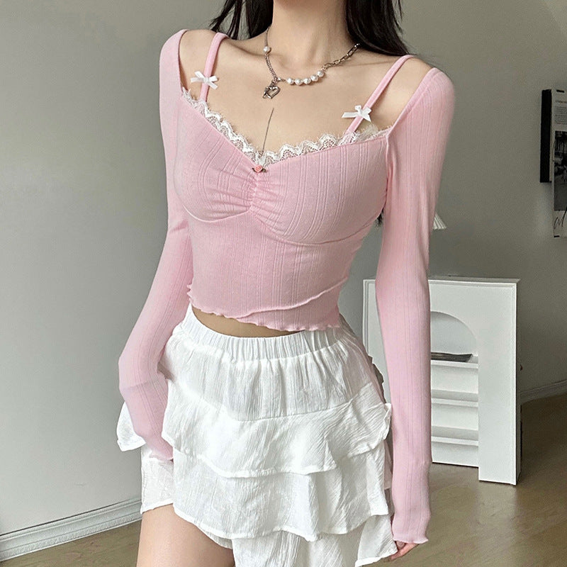 Coquette Pink Rose Lace Bow Square Neck Shirt Top