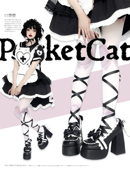 Pocket Cat Lolita Cat Tail Black Pink Blue High Heels Shoes