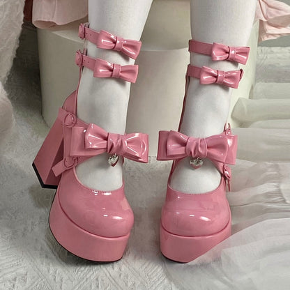 Pocket Cat Lolita Black Pink White Bow High Heels Shoes