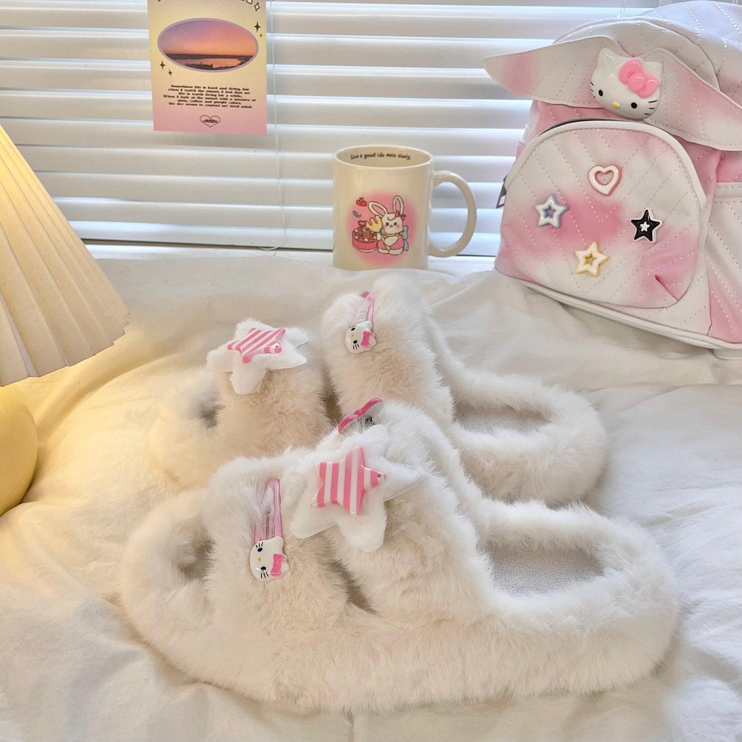 Y2K Kitty Cat Stars Plush Fluff Slippers Shoes