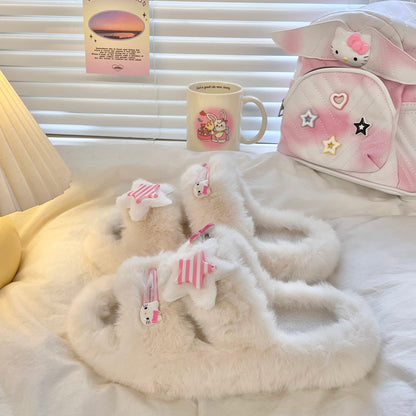 Y2K Kitty Cat Stars Plush Fluff Slippers Shoes