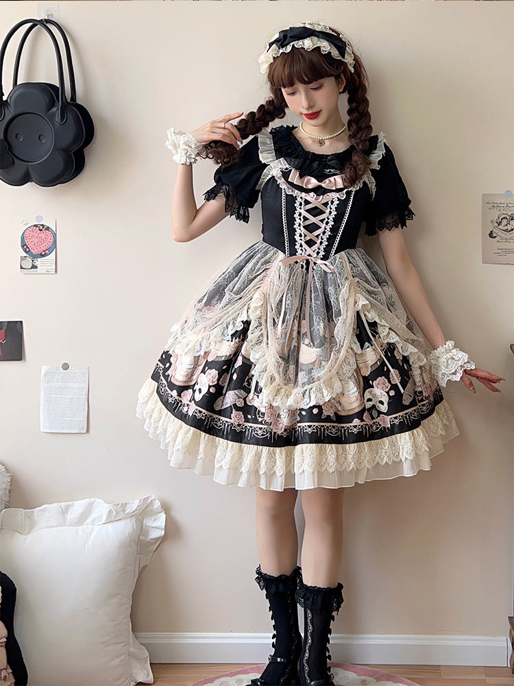 Rose Garden Lace Elegant Original Lolita EGL Pink & Black Strap Dress