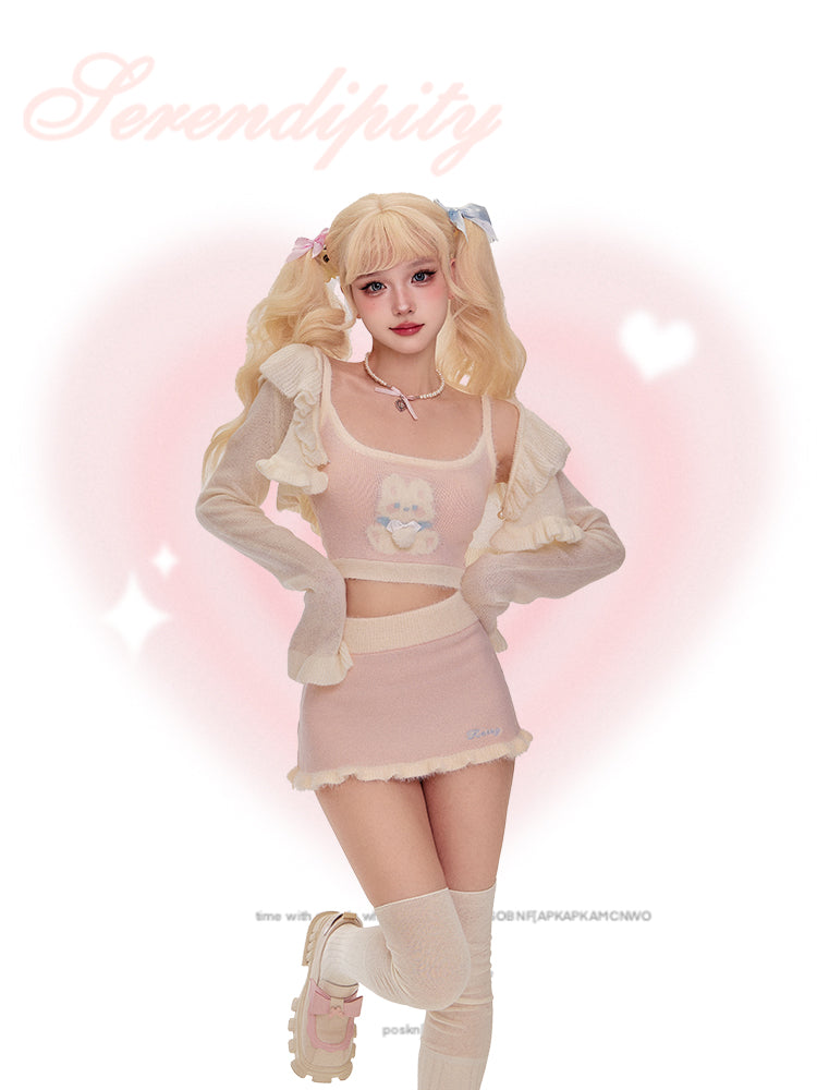 Serendipity Coquette White Ruffled Cardigan & Knit Pink Rabbit Camisole & Mini Skirt Three Piece Set