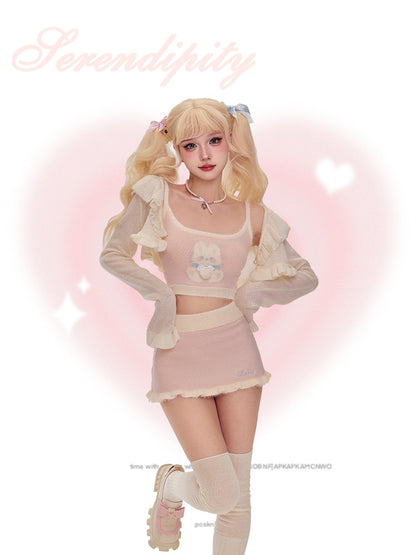 Serendipity Coquette White Ruffled Cardigan & Knit Pink Rabbit Camisole & Mini Skirt Three Piece Set