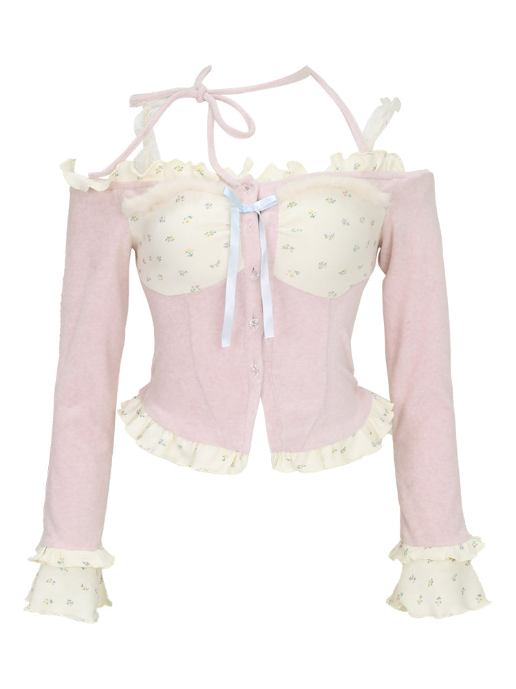 Serendipity Coquette Floral Patchwork Pink Shirt Top & Ruffled Cake Skirt Two Piece Set