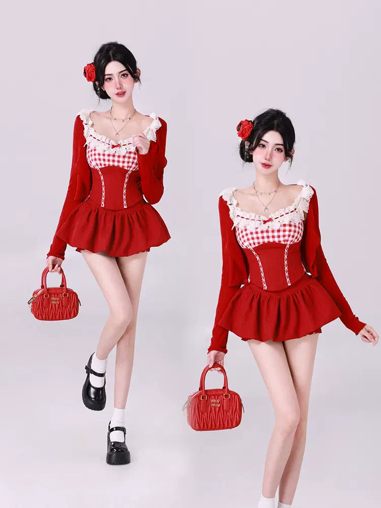 Kiki Little Cherry Red Black Blue Top & Skirt Two Piece Set